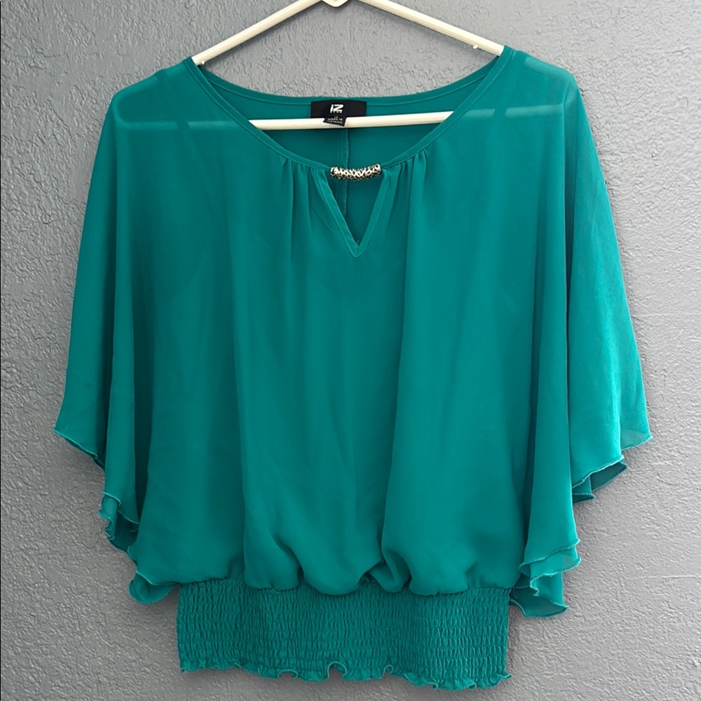 Iz Byer Teal Blouse with Jewel Detail